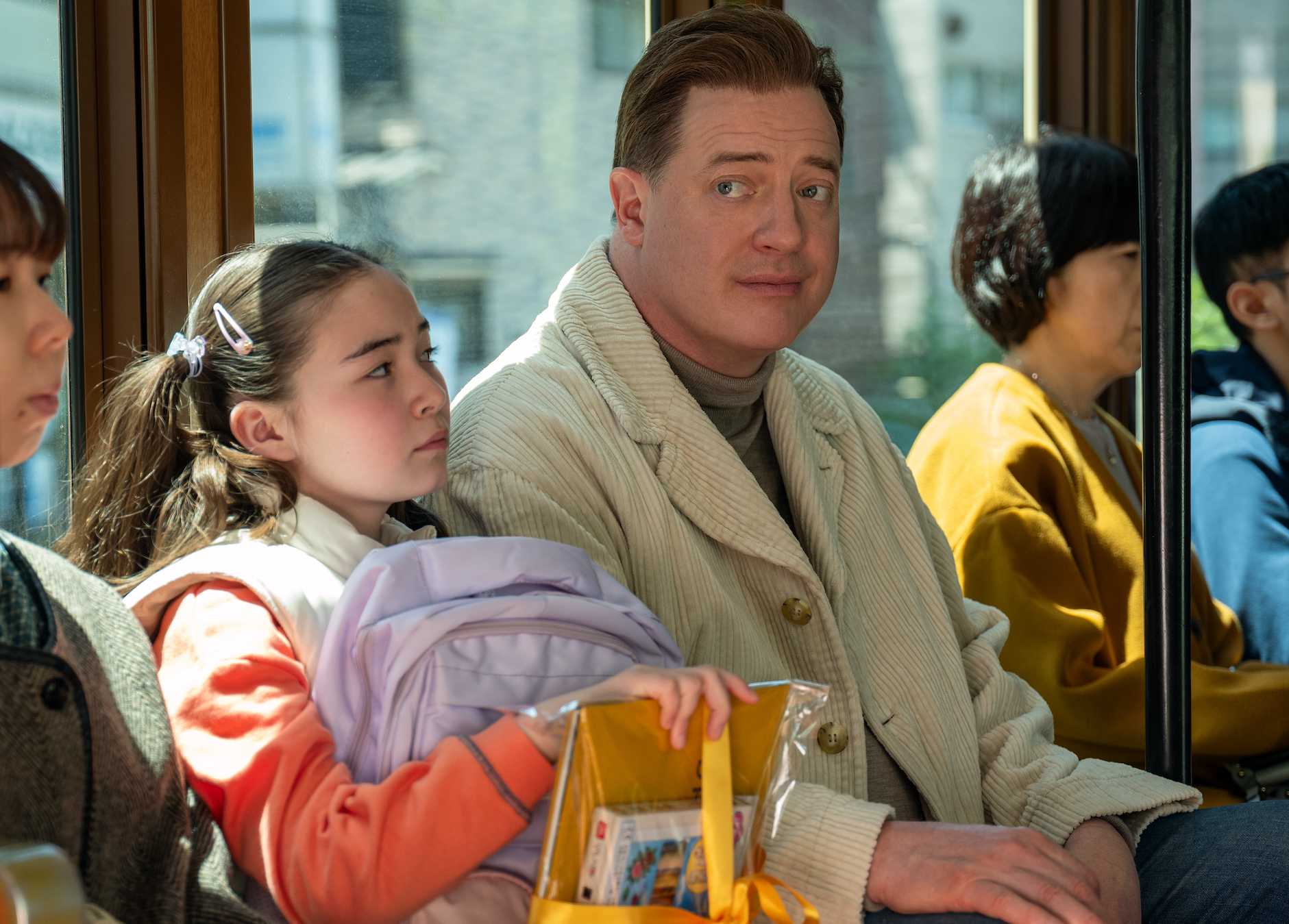 Shannon Gorman as Mia and Brendan Fraser as Phillip in Rental Family