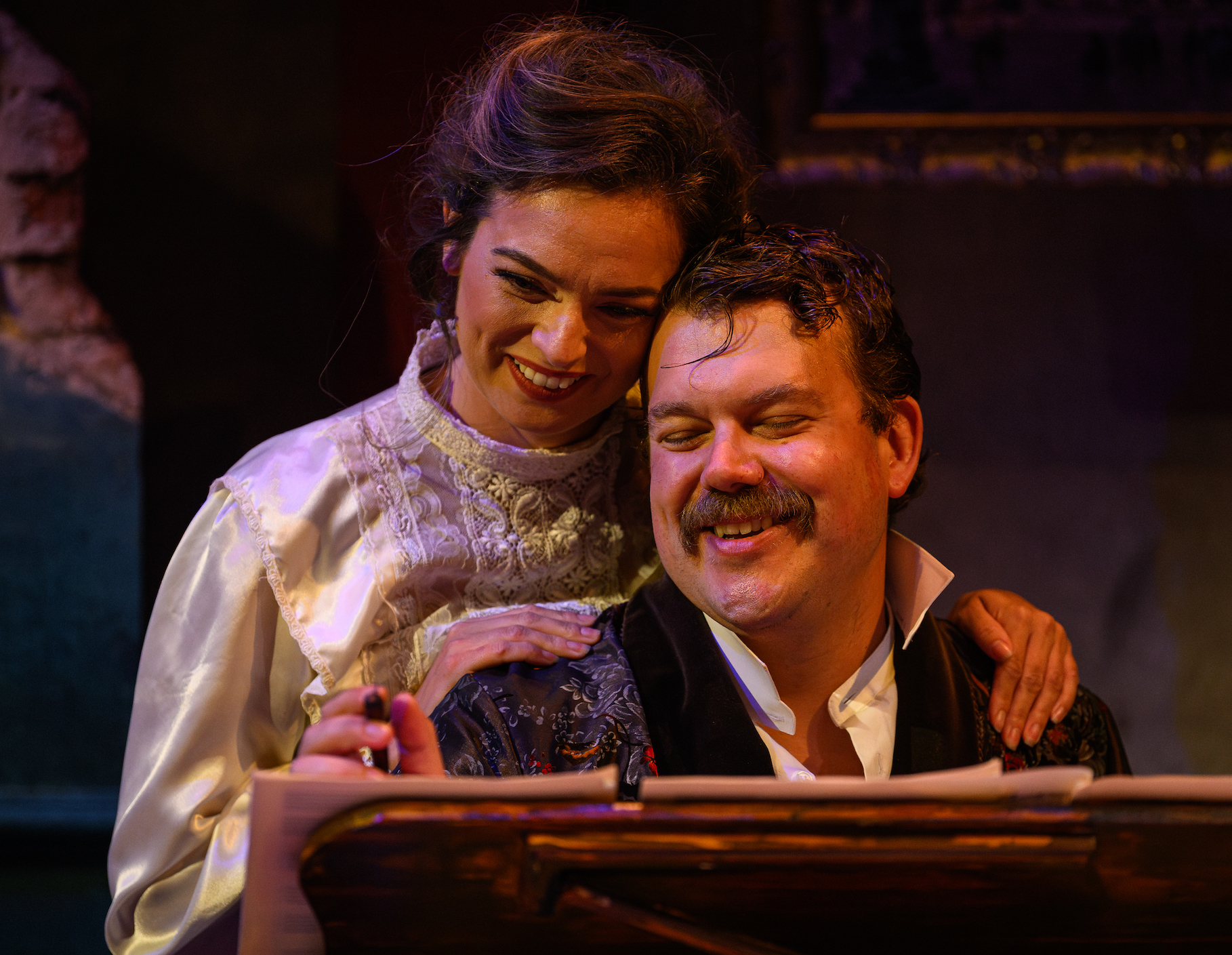 Lisa-Anne Wood as Berthe, Alasdair Buchan as Leoncavallo in That Bastard, Puccini!