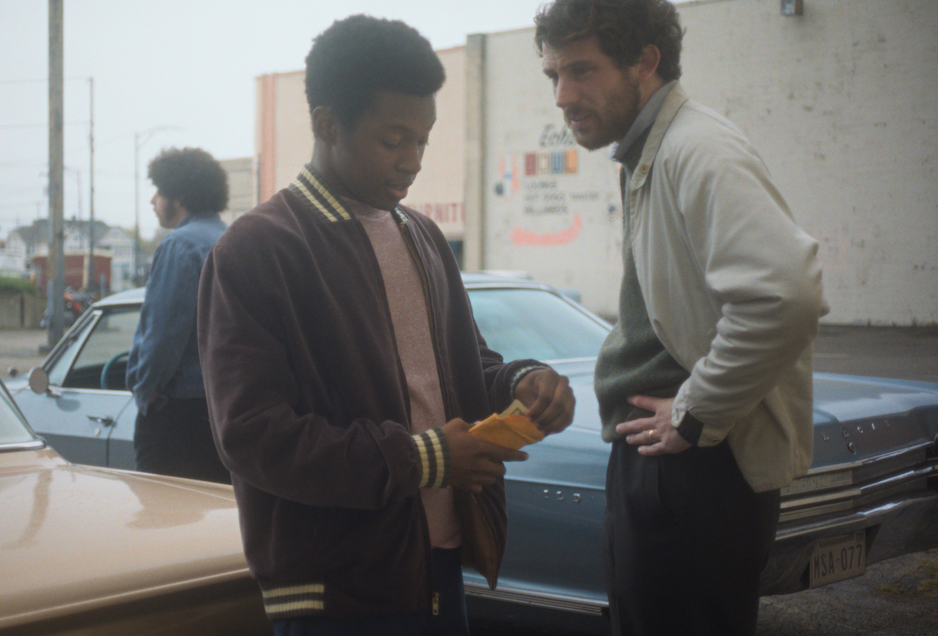 From left to right, Eli Gelb as Guy, Javion Allen as Ronnie, Josh O'Connor as JB in The Mastermind