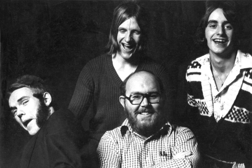 Chiswick Records’ Ted Carroll (with beard) with The Gorillas in 1976. Lead Gorilla Jesse Hector at left