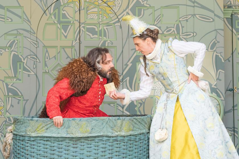 Basket case: George Fouracres as Falstaff and Emma Pallant as Mistress Page