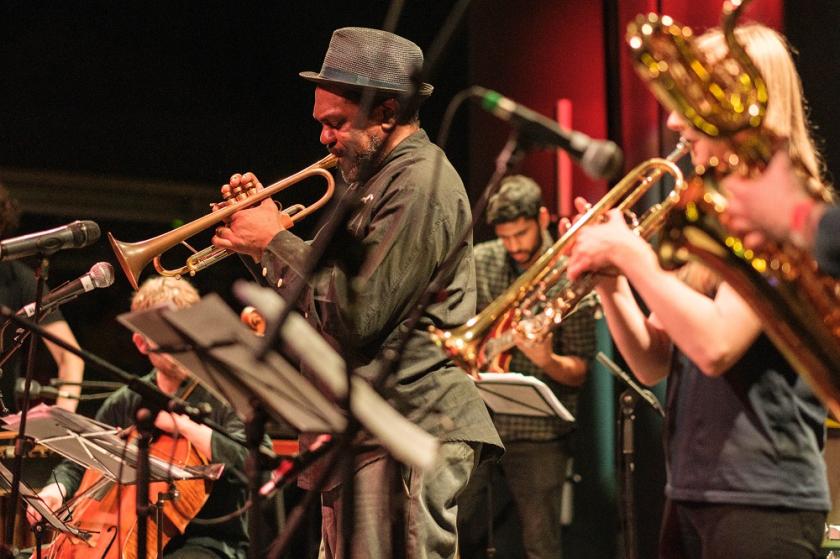 Byron Wallen leading the performance of 'Hurrican Bells'