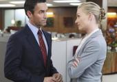 Ted (Jay Harrington) and Veronica (Portia De Rossi) locked in a power-meeting at Veridian Dynamics 
