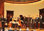 Birthday bow: to the left, players of the Doric Quartet and double-bassist Alois Posch; to the right, Jörg Widmann, Alexandra Silocea, Pavel Kolesnikov and Samson Tsoy