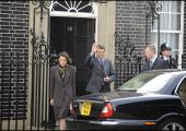 Echoes of real life: Olivia Williams and Pierce Brosnan pose outside No.10