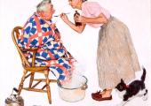 'Tender Years - Treating a Cold', 1957 is typical of Norman Rockwell's gentle humour  'Tender Years - Treating a Cold', 1957 is typical of Norman Rockwell's gentle humour