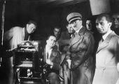 Retouched image of Hitler and his Minister of Propaganda Joseph Goebbels at the UFA studios in 1935