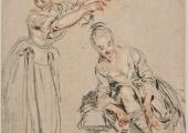 Watteau: 'Two Studies of Women, the One on the Left with Arms Raised, the One on the Right Seated, Pulling up Her Stocking', c 1716-17
