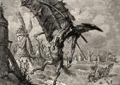 Gustave Doré's illustration of Don Quixote and Rosinante felled by the sail of a windmill, while Sancho looks on despairingly