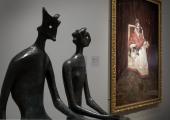 Installation shot: Henry Moore's 'King and Queen', 1952-3 and Francis Bacon's 'Study for Portrait of Pope Innocent X', 1965
