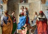 Detail of 'Madonna and Child Enthroned with Saints Peter, Catherine, Lucia and Jerome' (1505) by Giovanni Bellini for San Zaccaria, Venice
