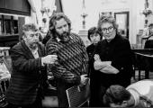 Harrison Birtwistle, John Tomlinson, designer Alison Chitty and librettist David Harsent during discussions about 'Gawain', 1991