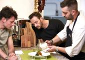 Jason Atherton (centre) keeps his aspiring chefs up to the mark