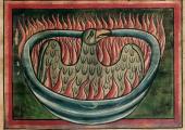 A phoenix rising from the ashes in a 13th-century bestiary