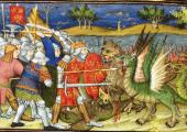 Alexander the Great fights dragons, detail from 'Le livre et la vraye hystoire du bon roy Alixandre' (c 1420-25)