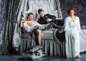 Cheers, my dears!: Edgaras Montvidas, Andrew Shore and Julia Sporsen try to make merry in Christopher Alden's production