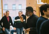 Femi Elufowoju jr. rehearsing Opera North's new production of 'Rigoletto'