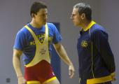 Channing Tatum and Steve Carell as Mark Schutz and John E. du Pont in Foxcatcher