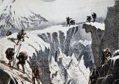 Henriette d'Angeville and her party ascending Mont Blanc, 1838 (Colour lithograph by F. Baumann)