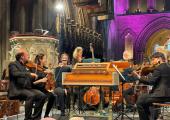 Before the performance: Orchestra I violinists Bojan Čičić, Claire Duff and Alice Earll, double-bass I Rosie Moon, organist Malcolm Proud, viol da gamba player Samuel Ng and Orchestra II violinist Kinga Ujszasi