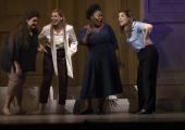 Witty young women of Windsor: Kseniia Nikolaieva, Alexandra Lowe, Masabane Cecilia Rangwanash and Stephanie Wake-Edwards in Act One Scene Two of Verdi's 'Falstaff'