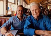Jason Fine (left) with Brian Wilson at Paradise Cove in Malibu