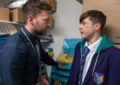 Steve Bell the PE teacher (Paul Nicholls) with the anarchic Jordon Wilson (Samuel Bottomley)