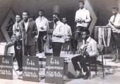 Fela Ransome Kuti and his Koola Lobitos live in 1965, the titular bandleader second from left trumpet in hand