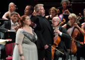 Tamara Wilson, Mark Wigglesworth and James Creswell with the BBCNOW in the final scene of Wagner's 'Die Walküre'