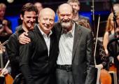 The 'holy minimalist' smiles: Arvo Pärt (right) with Paavo Järvi after the Parnu Festival Orchestra's performance of 'Swansong'