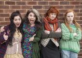 Writers Caitlin and Caroline Moran with cast members Helen Monk (far left) and Alexa Davies (far right)