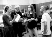 Lucy Bailey (left) rehearses with playwright Patrick Barlow and some of the cast of 'Comus'