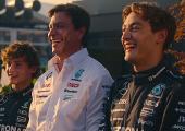 Mercedes bends: (from left) Kimi Antonelli, Toto Wolff, George Russell