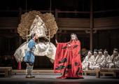 Calaf (Yonghoon Lee) attempts to solve the riddles of Turandot (Anna Pirozzi) as the ancient Emperor (Alexander Kravets) looks on