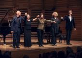 Charles Owen, Katya Apekisheva, Kathryn Stott, Gabriela Montero and Finghin Collins at the end of the Two-Piano Gala