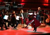 Not quite strictly ballroom: Iro Davlanti-Lo and Adrien Bariki-Alaoui with Ksenija Sidorova, Marin Alsop and the Philharmonia