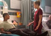 Alfred Enoch as Jamie with Katie Clarkson-Hill as Dr Zoe Wade