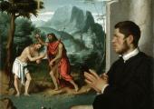 Giovanni Battista Moroni, A Gentleman in Adoration before the Baptism of Christ, c.1555-60