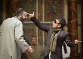 Propped up: Manolis Mavromatakis’s Mafioso king Simonides hilariously pulling a gun on Christos Loulis’s Pericles