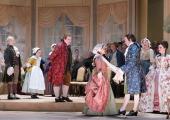 The Count (Huw Montague Rendall) seems ready to bless the wedding of Figaro (Michael Nagi) and Susanna (Johanna Wallroth) while the Countess (Louise Alder) looks on