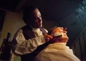 Smooth as silk: Jeremy Secomb's Sweeney Todd gives Judge Turpin (Duncan Smith) a shave