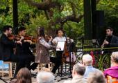 The Solem Quartet (left to right: William Newell, Stephen Upshaw, Amy Tress  and Stephanie Tress) and clarinettist Anthony Friend play Brahms