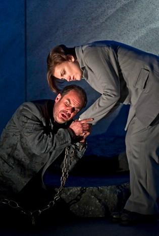 Steven Harrison as Florestan (left) and Emma Bell as Leonore (right)