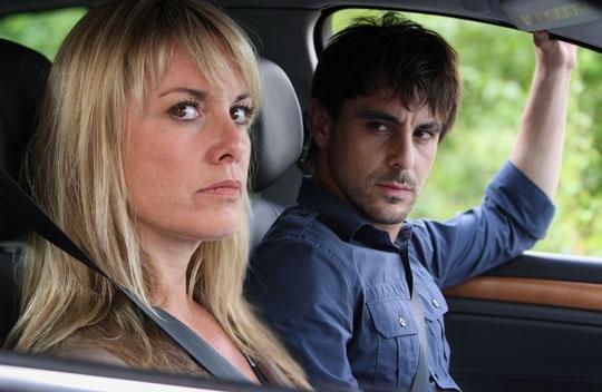 Tamzin Outhwaite as DI Rebecca Flint takes a drive with antisocial boffin Dr Christian King (Emun Elliott)