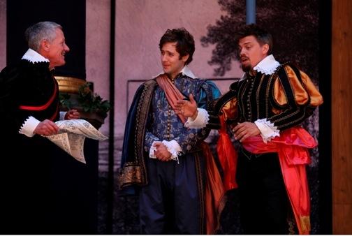 James Garnon's comic sidekick Parolles (right) steals the show from juve lead Sam Crane (centre) and Michael Bertenshaw's apoplectic Lafeu (left)