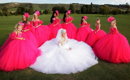 Bridget the fairy-tale bride, surrounded by her retinue of bridesmaids