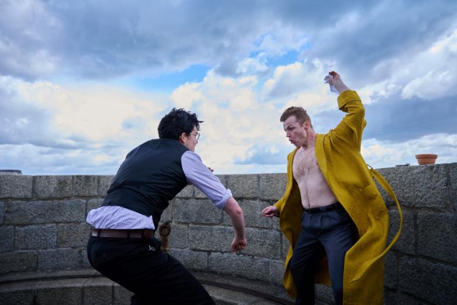 Stephen Dedalus (Jack Morey Walker) and Buck Mulligan (Darren Mone) atop the Martello Tower at Sandycove 