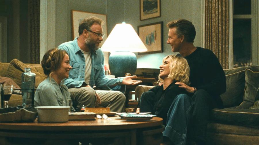 Olivia Wilde as Angela, Seth Rogen as Joe, Penelope Cruz as Pina and Edward Nortopn as Hawk in The Invite