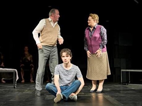Colin Mace as Frank-Strang, Noah Valentine as Alan Strang, Emma Cunniffe as Dora Strang in Equus