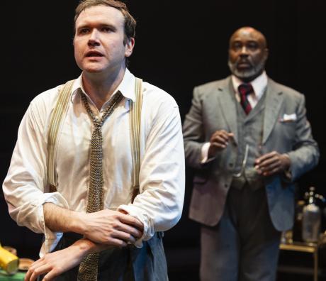 Joe Banniseter as Brindsley, Jason Barnett as Colonel Melkett, in Black Comedy